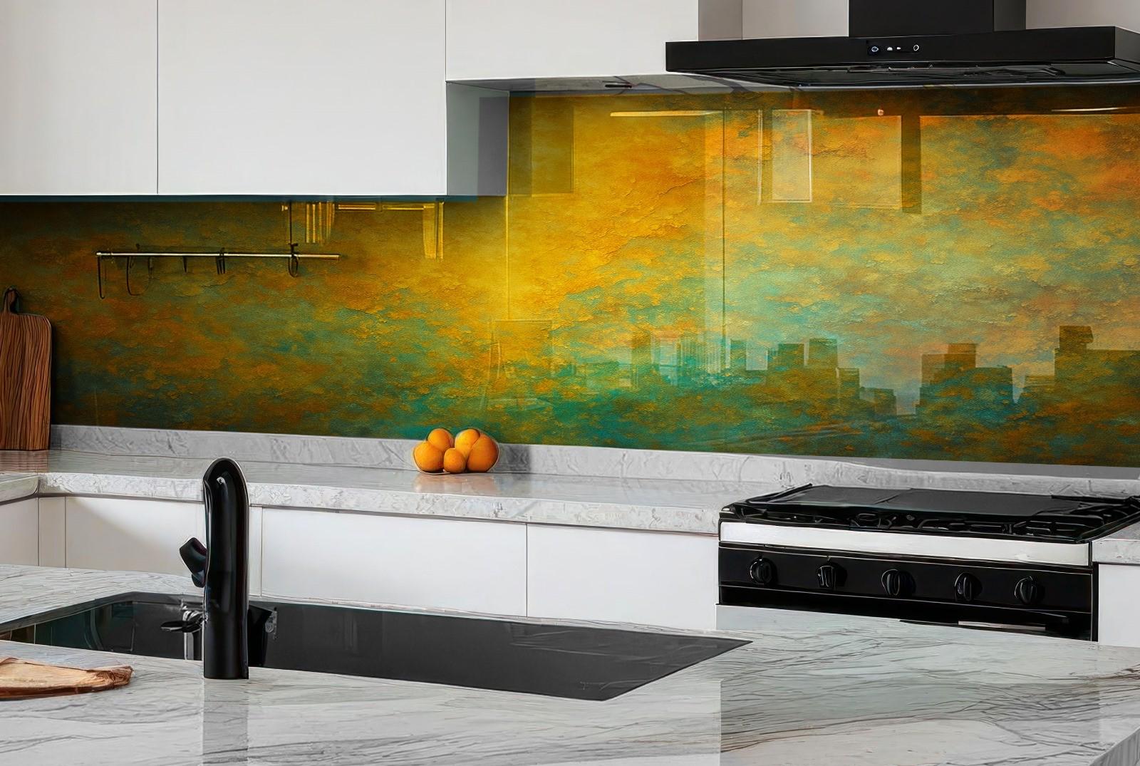 Abstract Art Tempered Glass Backsplash, Gold Black Swirl (Custom Size)