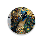 A close-up of a peacock displaying its vibrant, colorful feathers, including its blue head, green body, and yellow and blue tail.