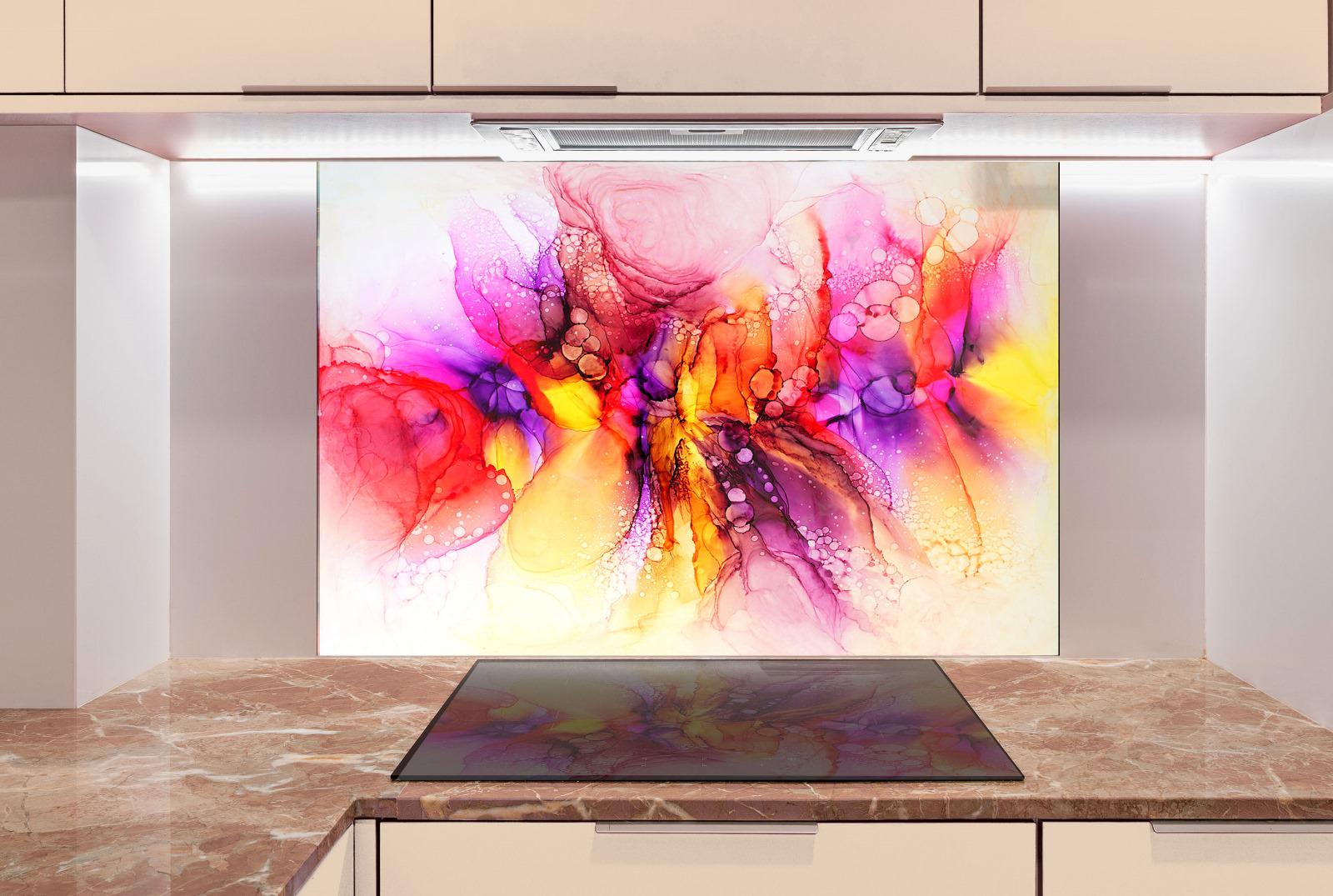 a large abstract painting with vibrant colors and dynamic shapes, displayed on a wall above a kitchen counter.
