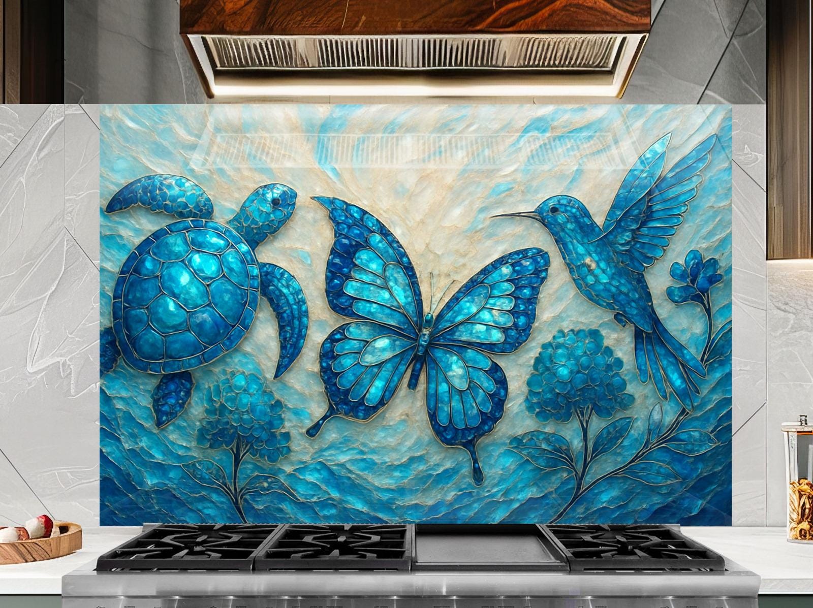 a painting of blue butterflies and a turtle on a tile backsplash