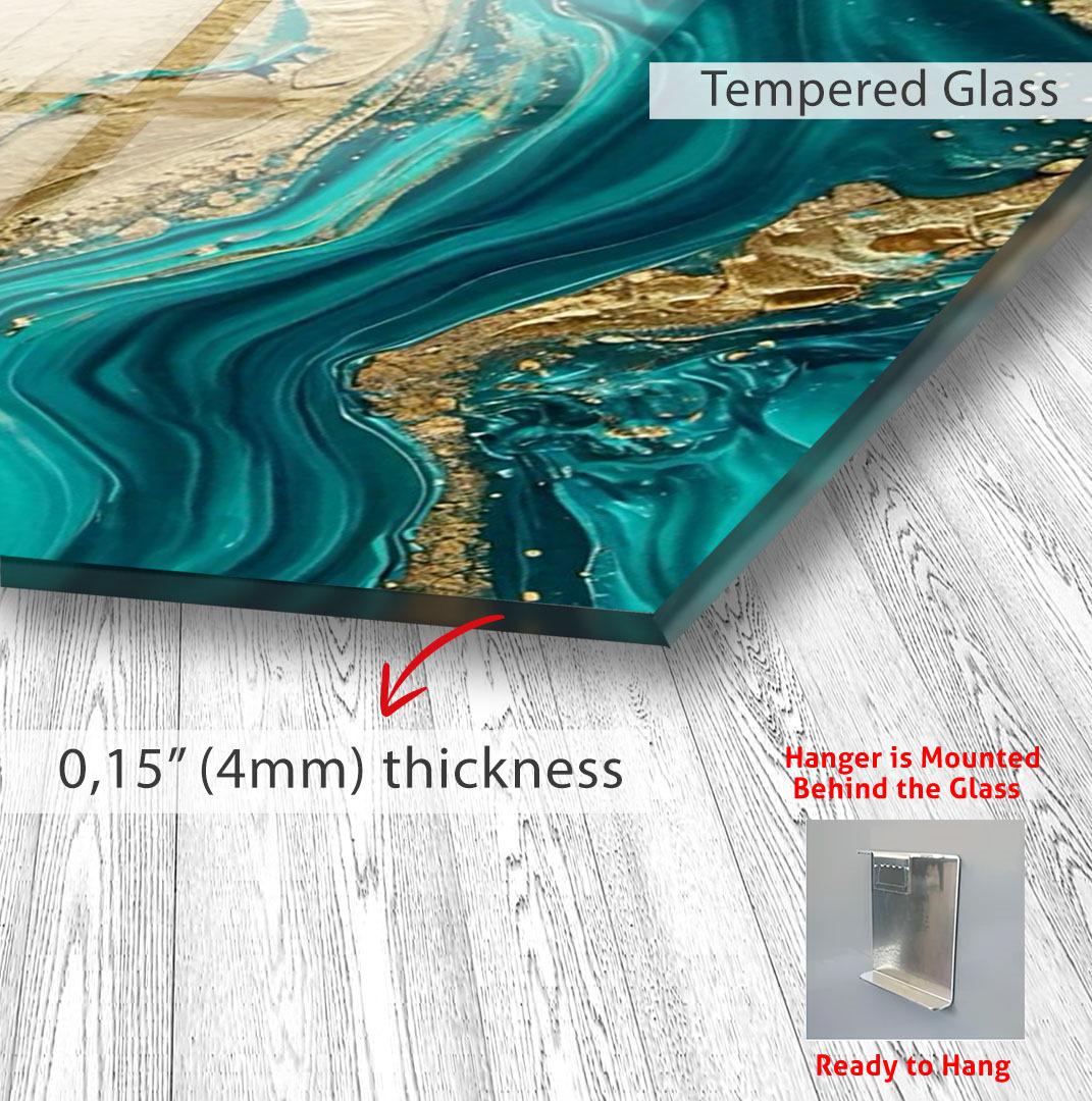 The image is a close-up of a glass surface with a marbled pattern, and it is mounted on a wooden wall.