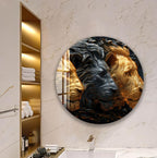 a large circular wall art depicting two lions, one golden and one black, with intricate details and textures.