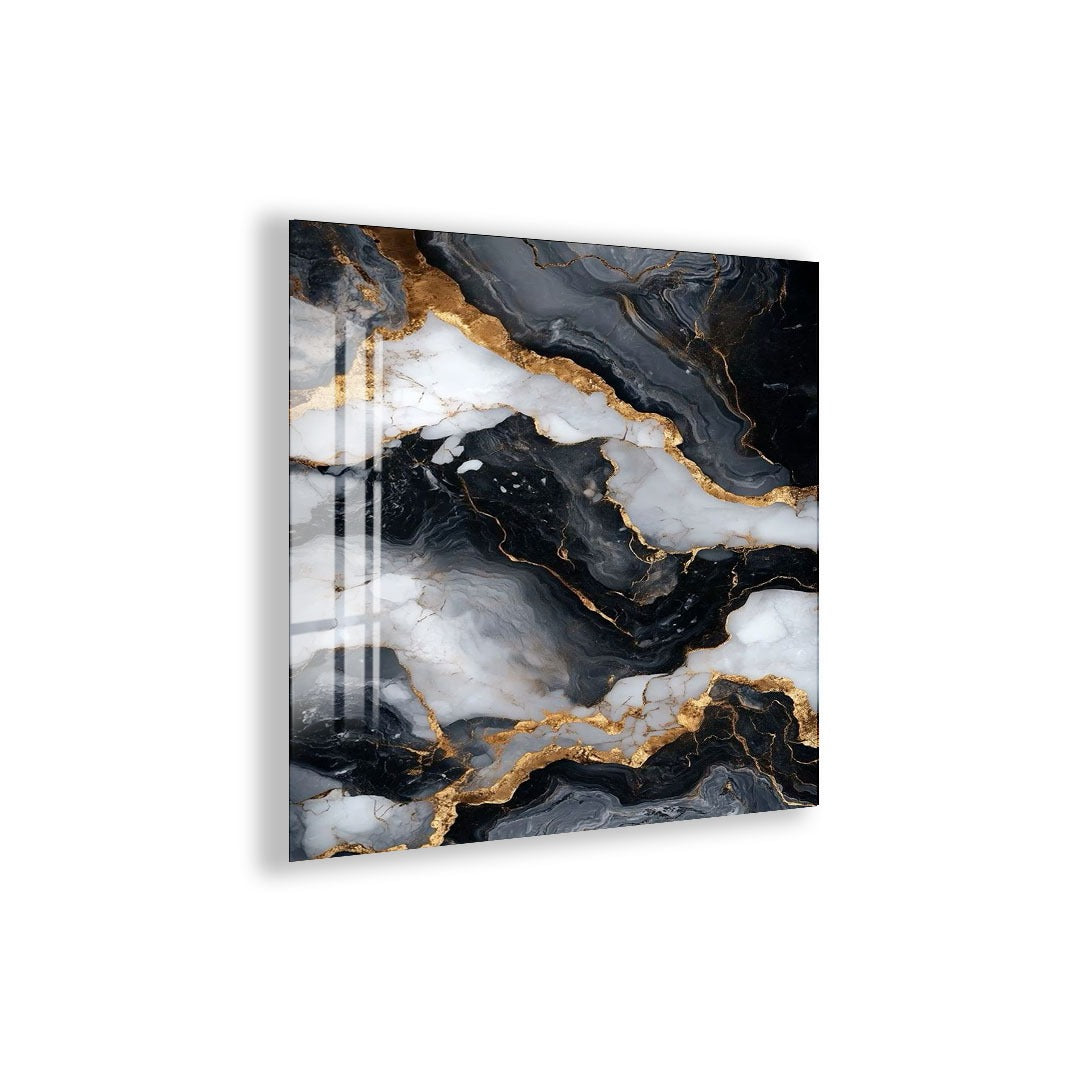a striking abstract design with a marble-like texture, showcasing a blend of black, white, and gold colors.