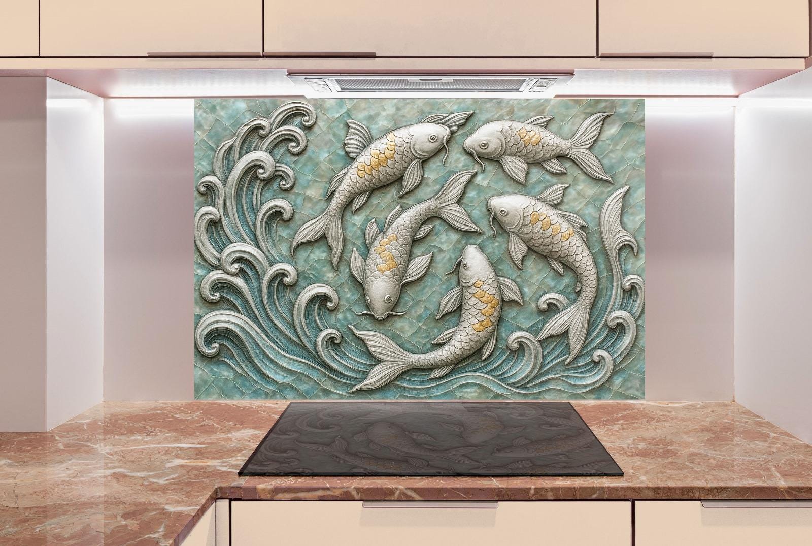 a painting of a group of fish swimming in a wave