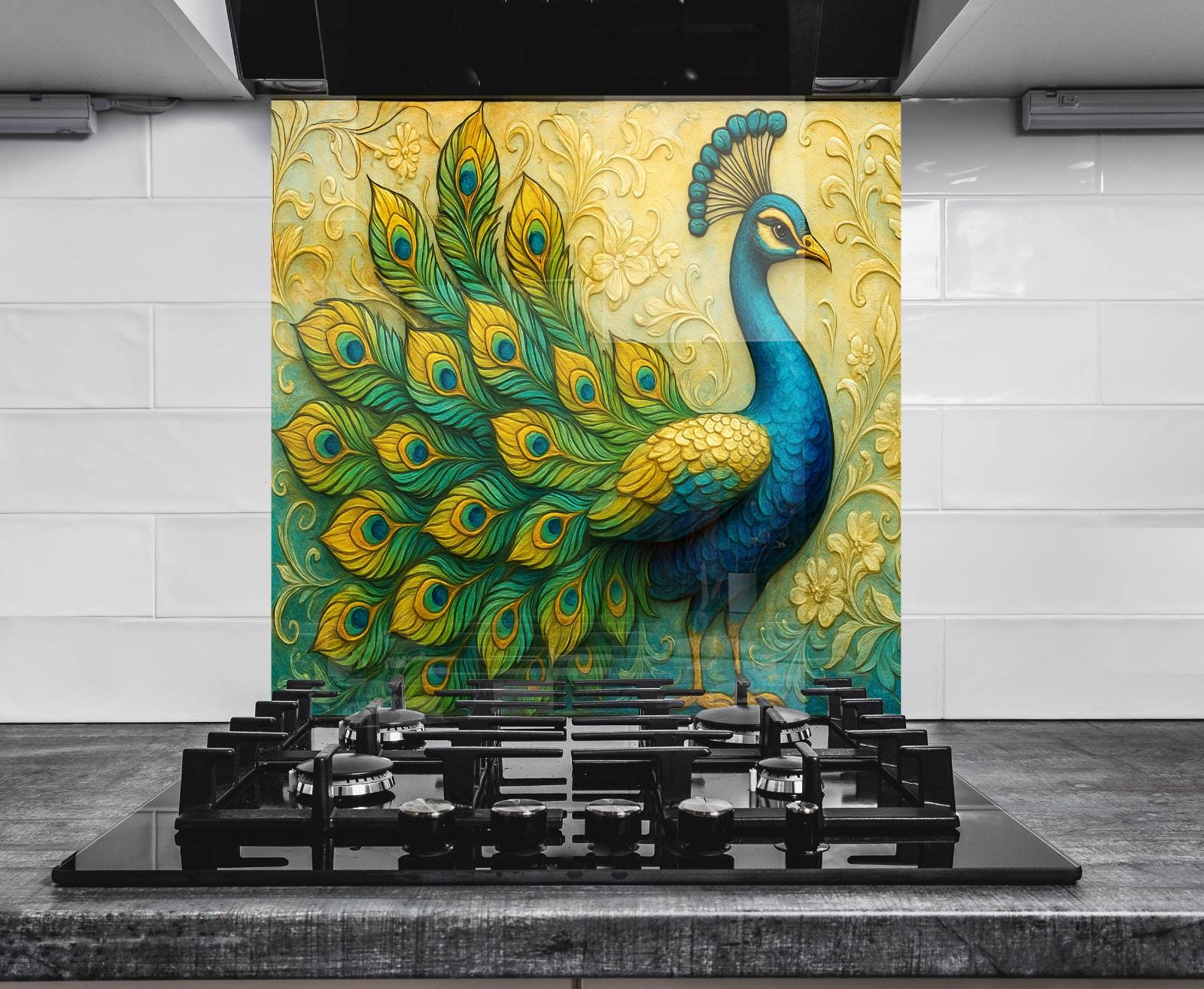 a painting of a peacock on a stove top