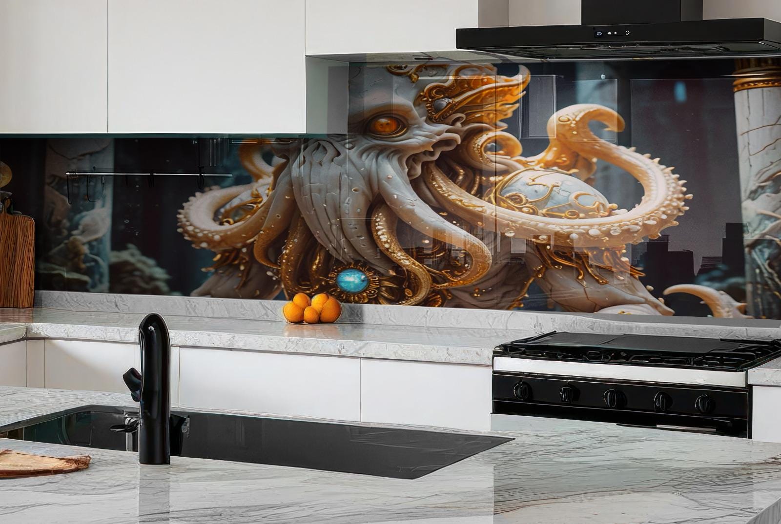 a large, detailed, and colorful depiction of an octopus on a wall in a kitchen setting.
