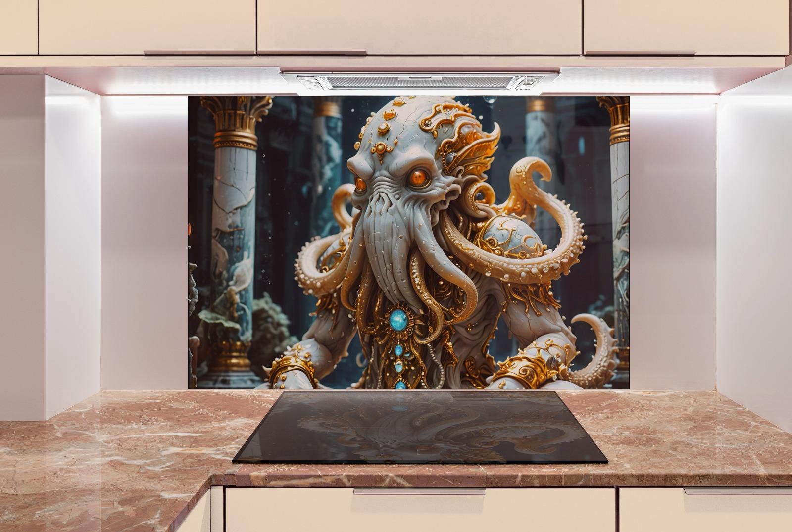 a large, ornate, and intricate sculpture of a creature with an extended head and long, curled body, set against a dark background with columns and other architectural elements.