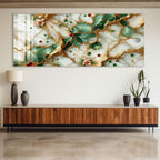 a large, colorful abstract painting hanging on a wall above a wooden cabinet. The painting has a mix of green, white, and gold colors, with various shapes and patterns. The cabinet below the painting has a wooden finish and is decorated with two black vases and two potted plants.