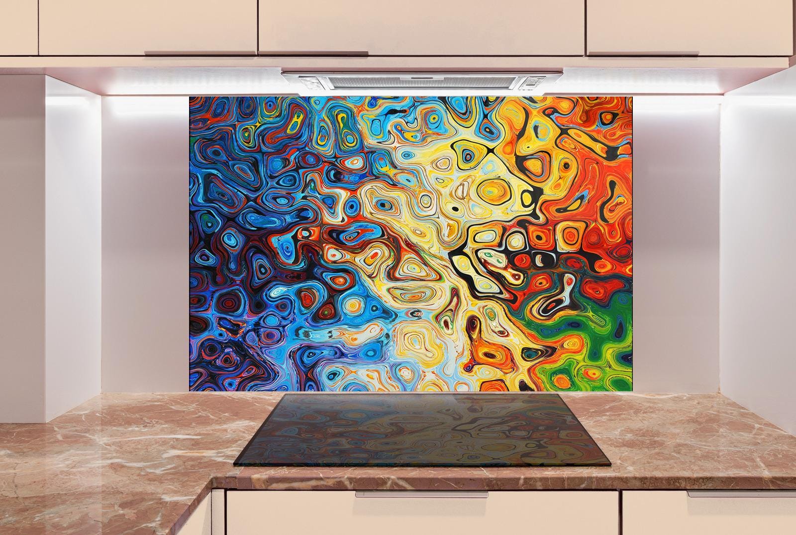 a vibrant, abstract painting with swirling patterns of blue, orange, yellow, and green colors. The painting is displayed on a wall above a kitchen counter, which has a glass top and marble countertop.