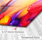 The image is a close-up of a vibrant, colorful abstract painting or artwork, with a text overlay indicating the thickness of the material as &quot;0.15&quot; (4mm) and describing it as &quot;Tempered Glass&quot;.