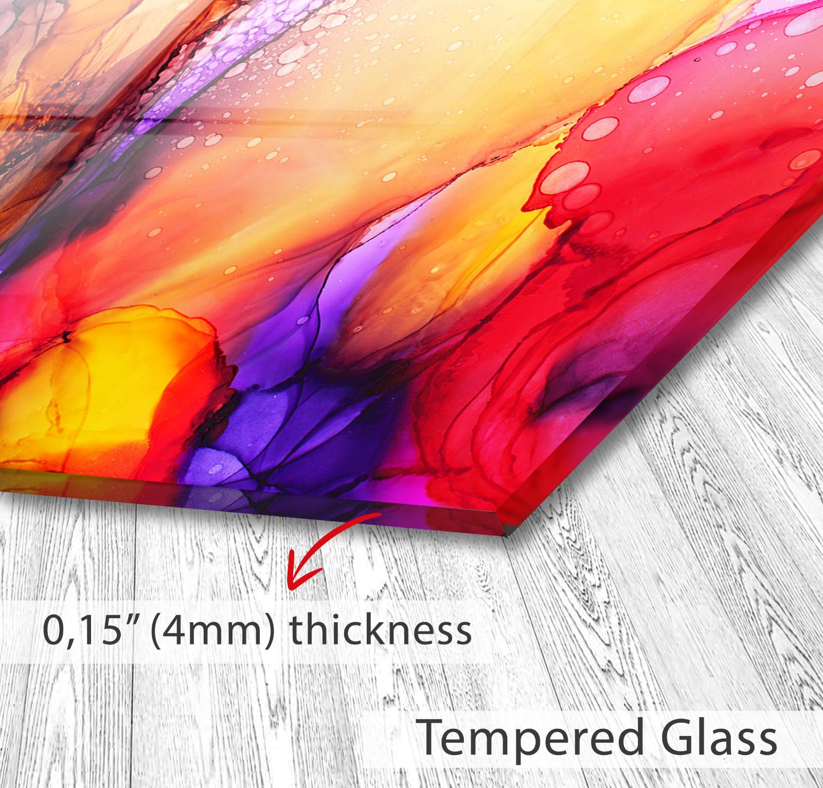The image is a close-up of a vibrant, colorful abstract painting or artwork, with a text overlay indicating the thickness of the material as &quot;0.15&quot; (4mm) and describing it as &quot;Tempered Glass&quot;.