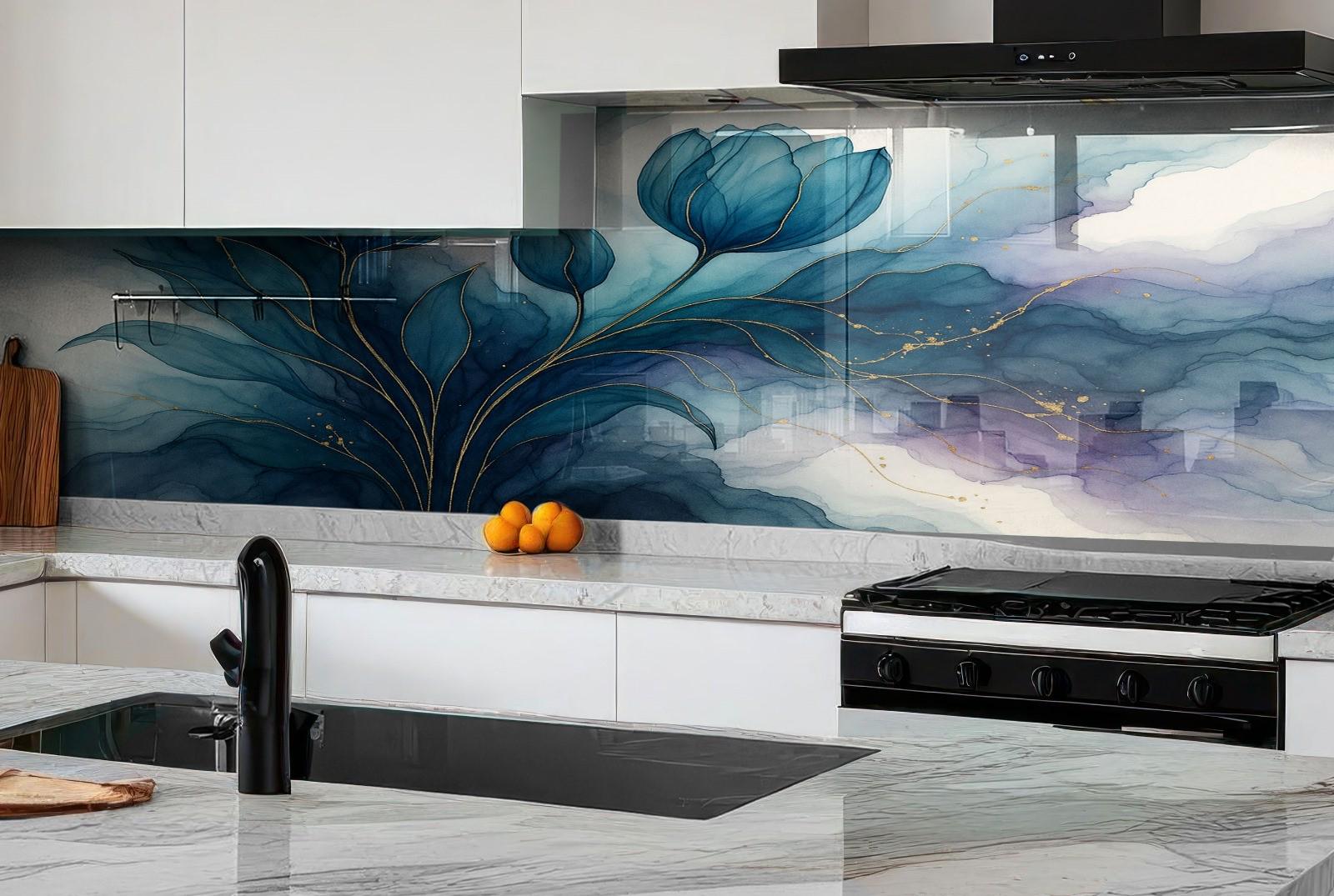 a kitchen with a marble counter top and a painting on the wall