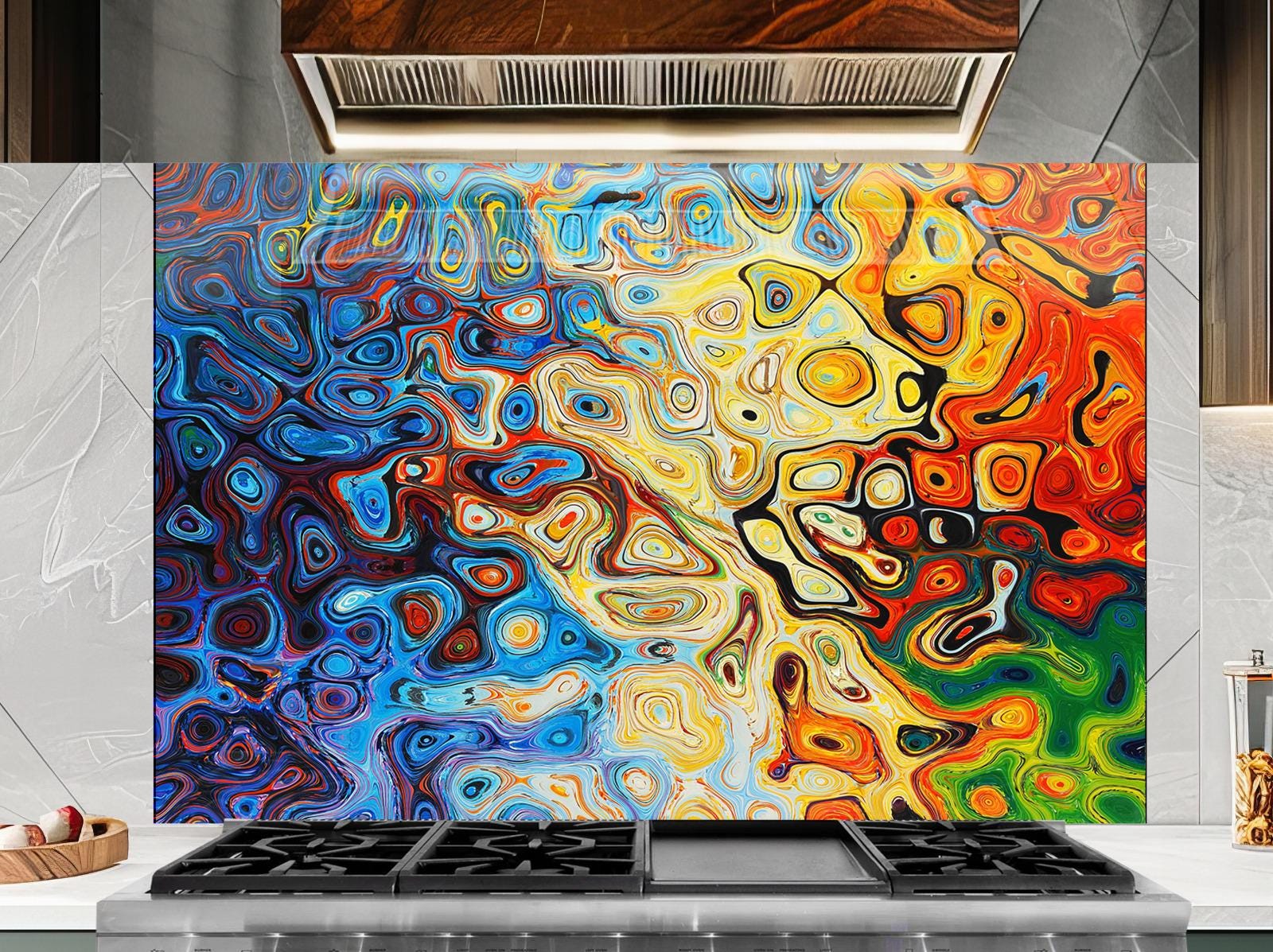 a vibrant, abstract painting with swirling, multicolored shapes and patterns, creating a dynamic and visually striking display.