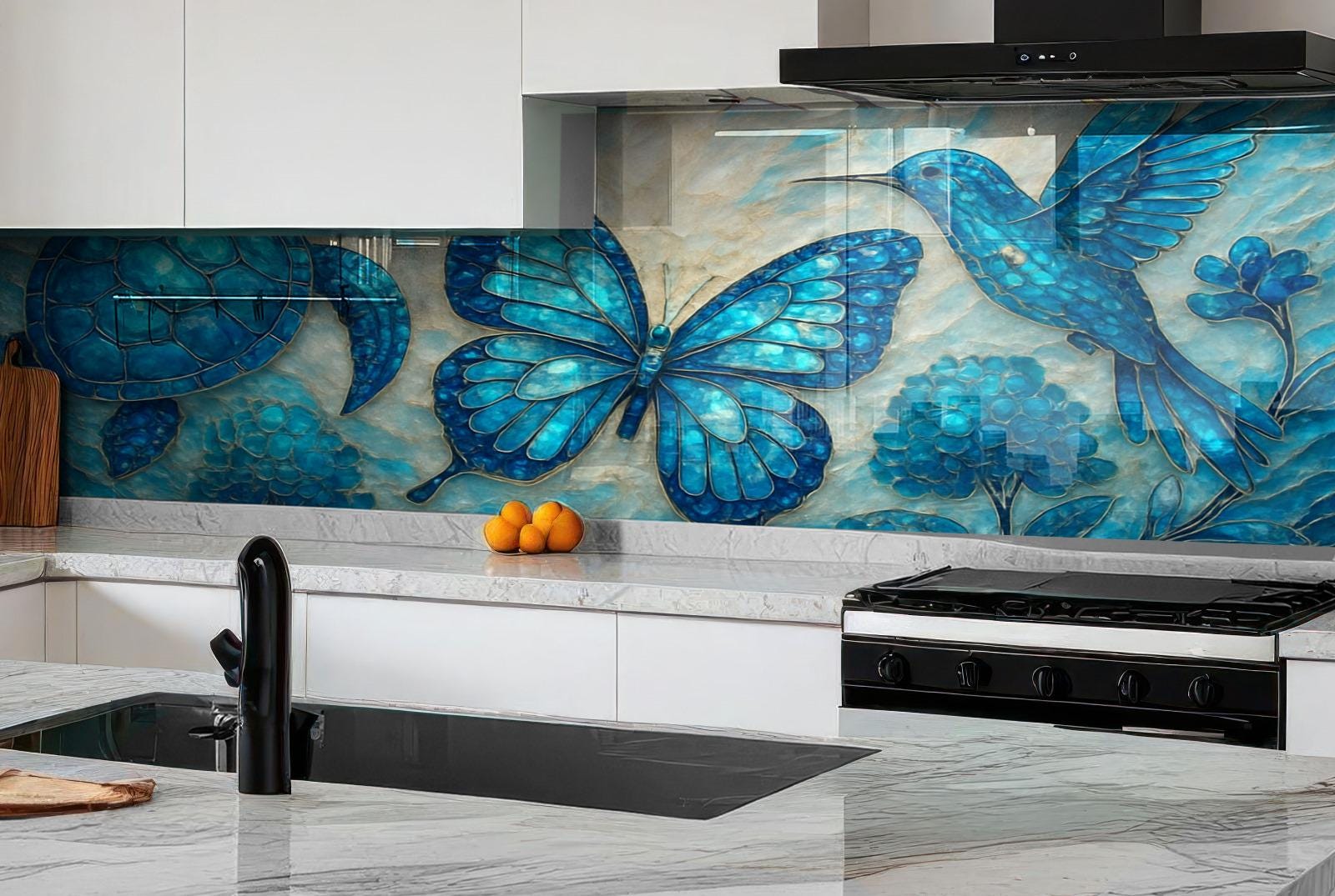 a kitchen with blue butterflies on the backsplash