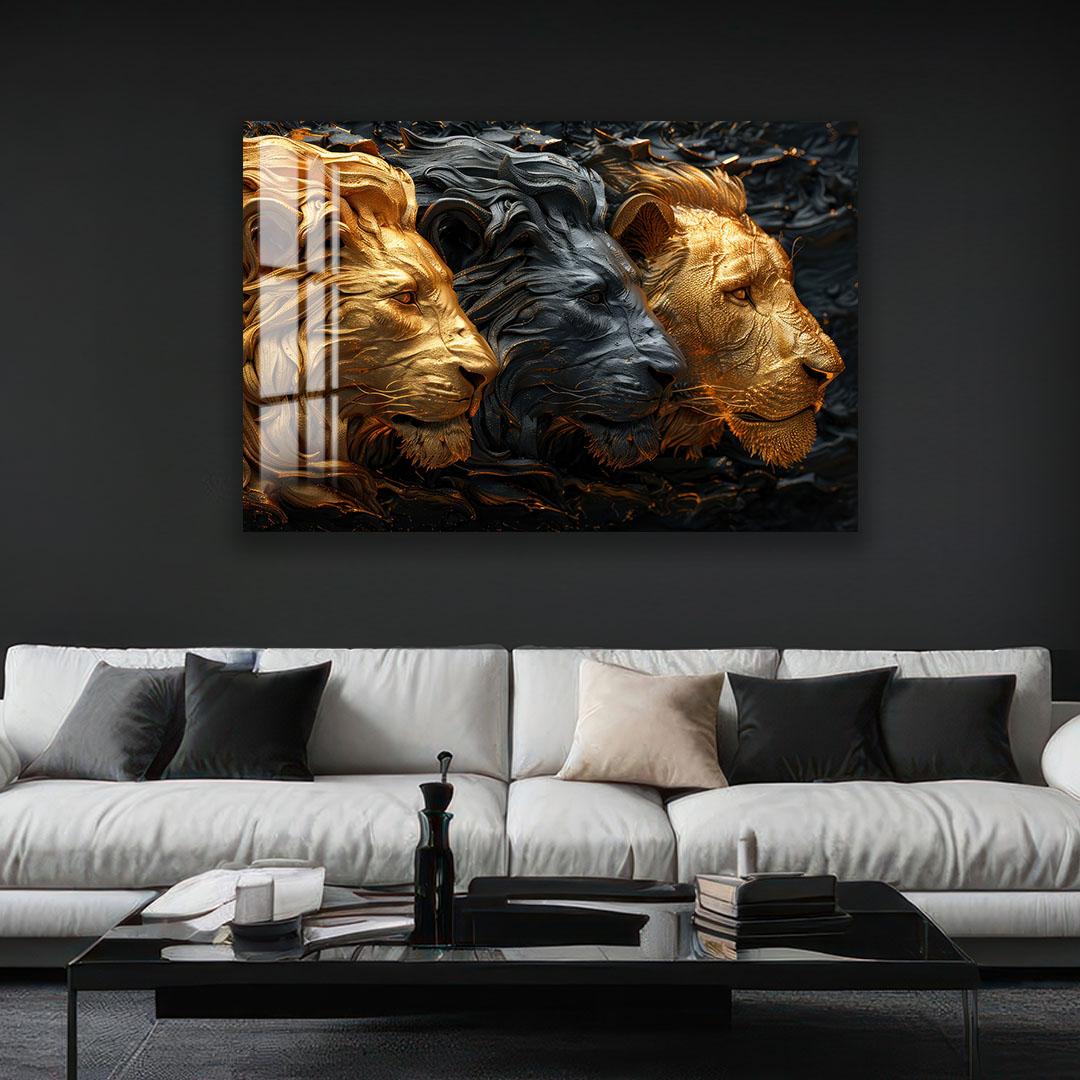 a large, striking painting of two lions, one golden and one black, displayed on a wall above a white couch in a living room setting.