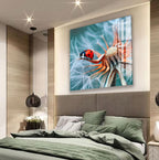 a large, colorful painting of a ladybug on a dandelion, hanging on the wall above a bed with a green comforter.