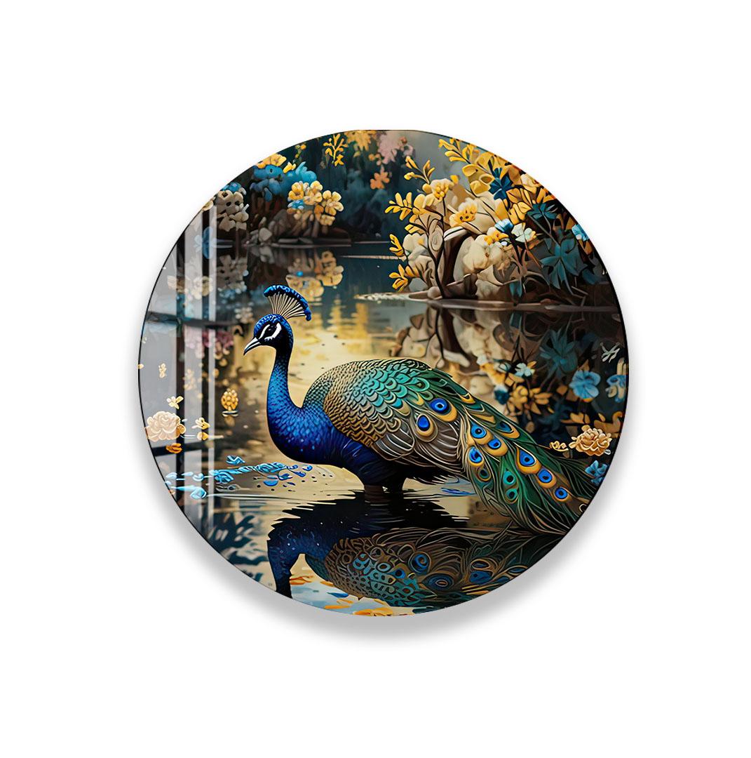 A peacock with its vibrant blue and green feathers is depicted in a serene pond setting, surrounded by colorful flowers and lush foliage.