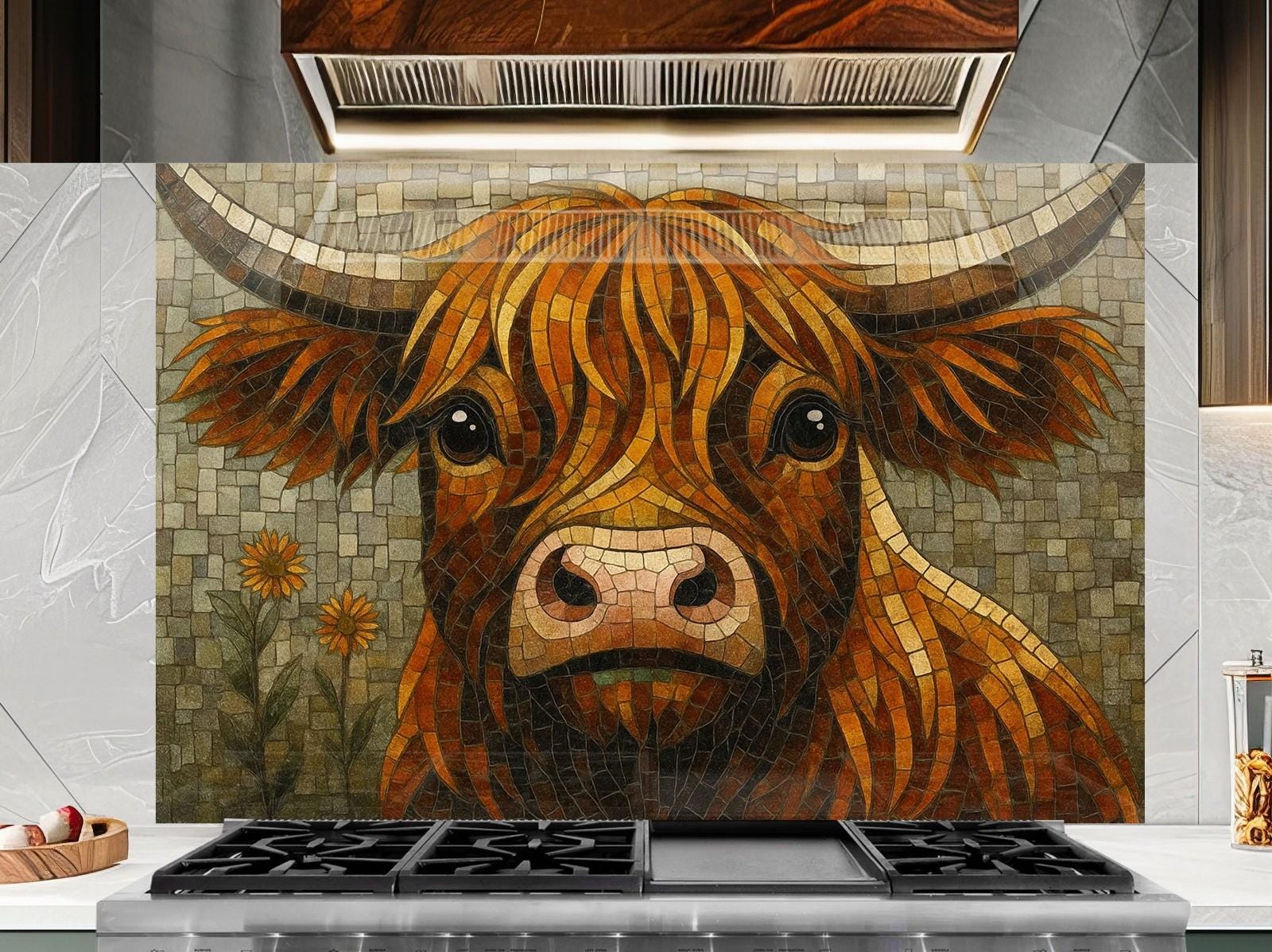 a painting of a bull on a tile backsplash