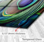 A close-up of a glass surface with a vibrant, colorful peacock feather pattern. The glass appears to be Tempered Glass, which is described as having a thickness of 4mm.