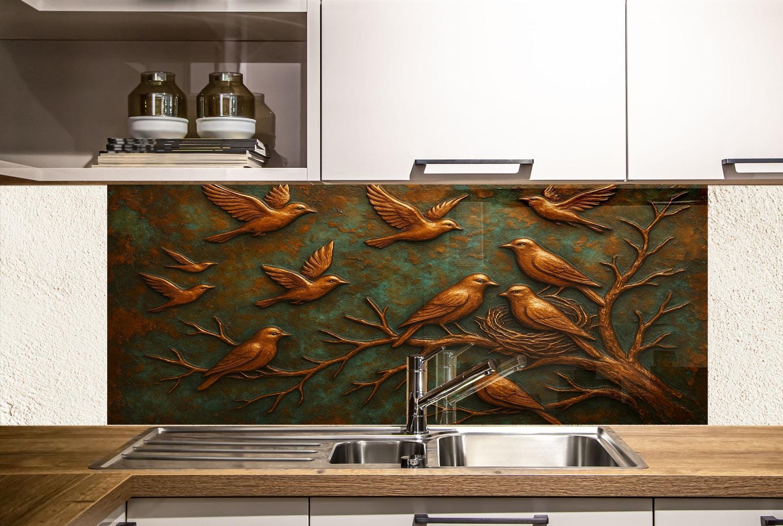 a kitchen with a sink and a painting on the wall