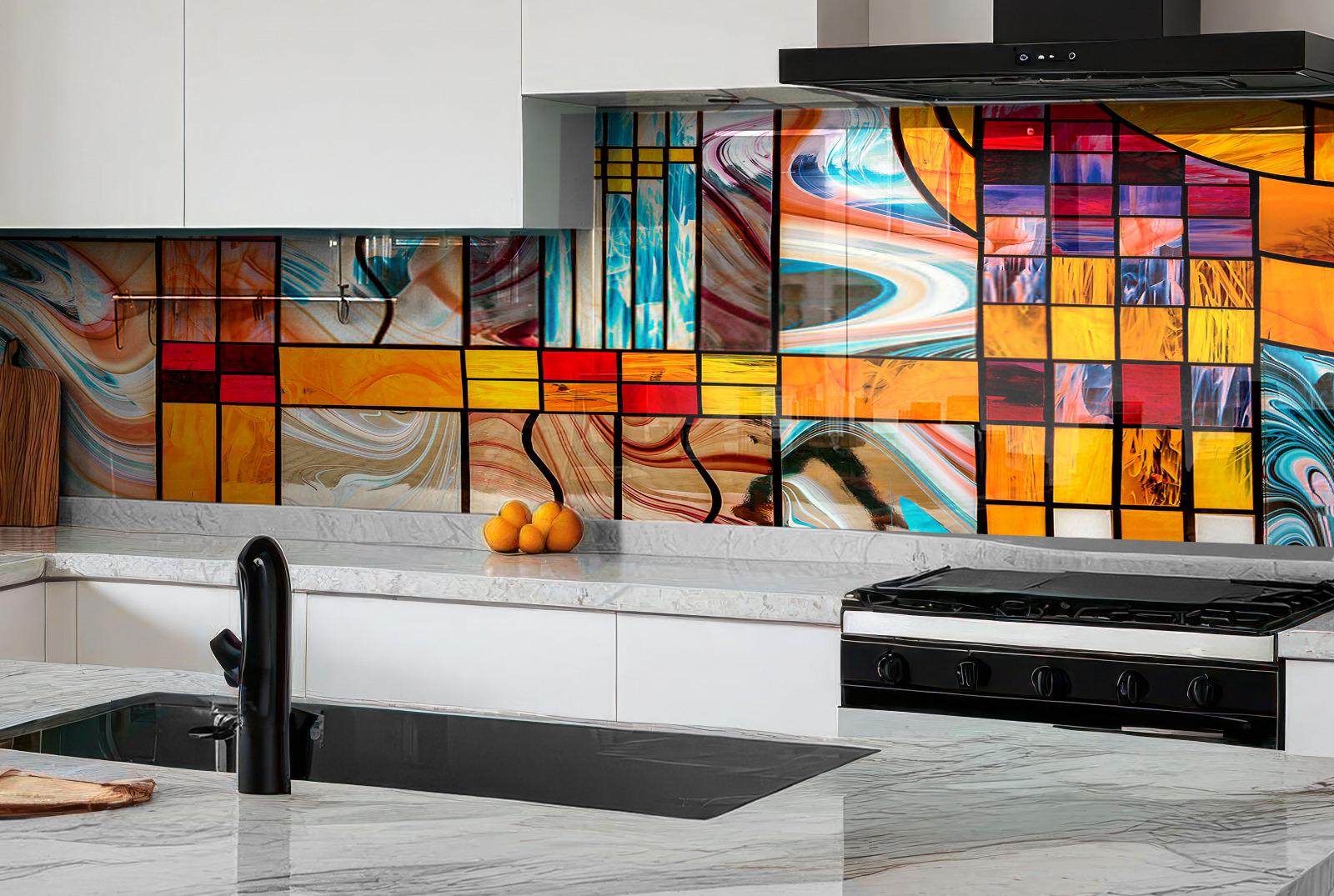 a modern kitchen with a large, colorful stained glass backsplash behind the countertop. The backsplash displays abstract geometric patterns in various colors, creating a vibrant and artistic atmosphere. The kitchen also includes a sink, stove, and countertop, contributing to the overall contemporary design.