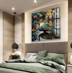 a bedroom with a large, colorful painting of a peacock on the wall above a bed. The painting depicts the peacock standing in a pond surrounded by flowers.