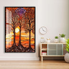 a large, colorful stained glass artwork depicting a serene landscape with trees and a sunset. The artwork is mounted on a wall next to a wooden cabinet with a clock and some decorative items.