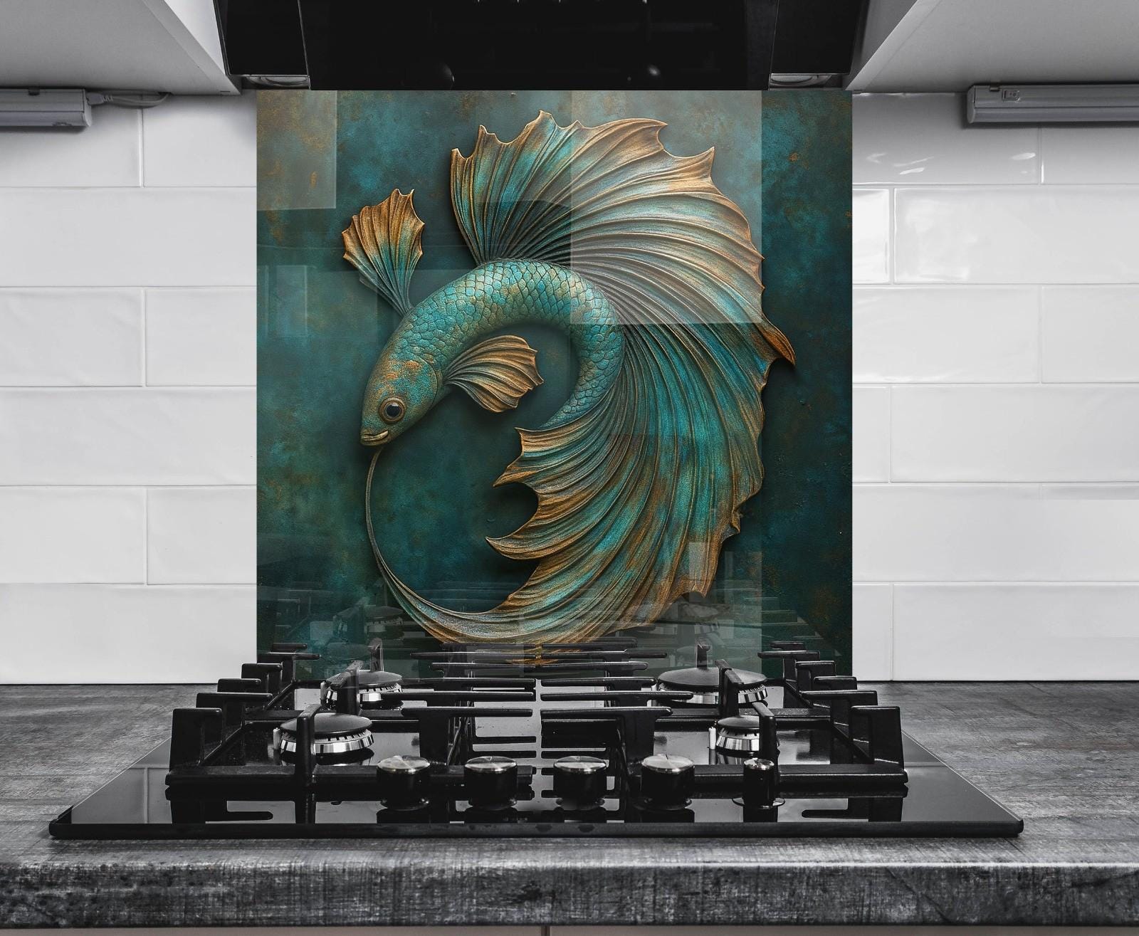 Blue Fish Tempered Glass Kitchen Backsplash: Modern Splashback Decor