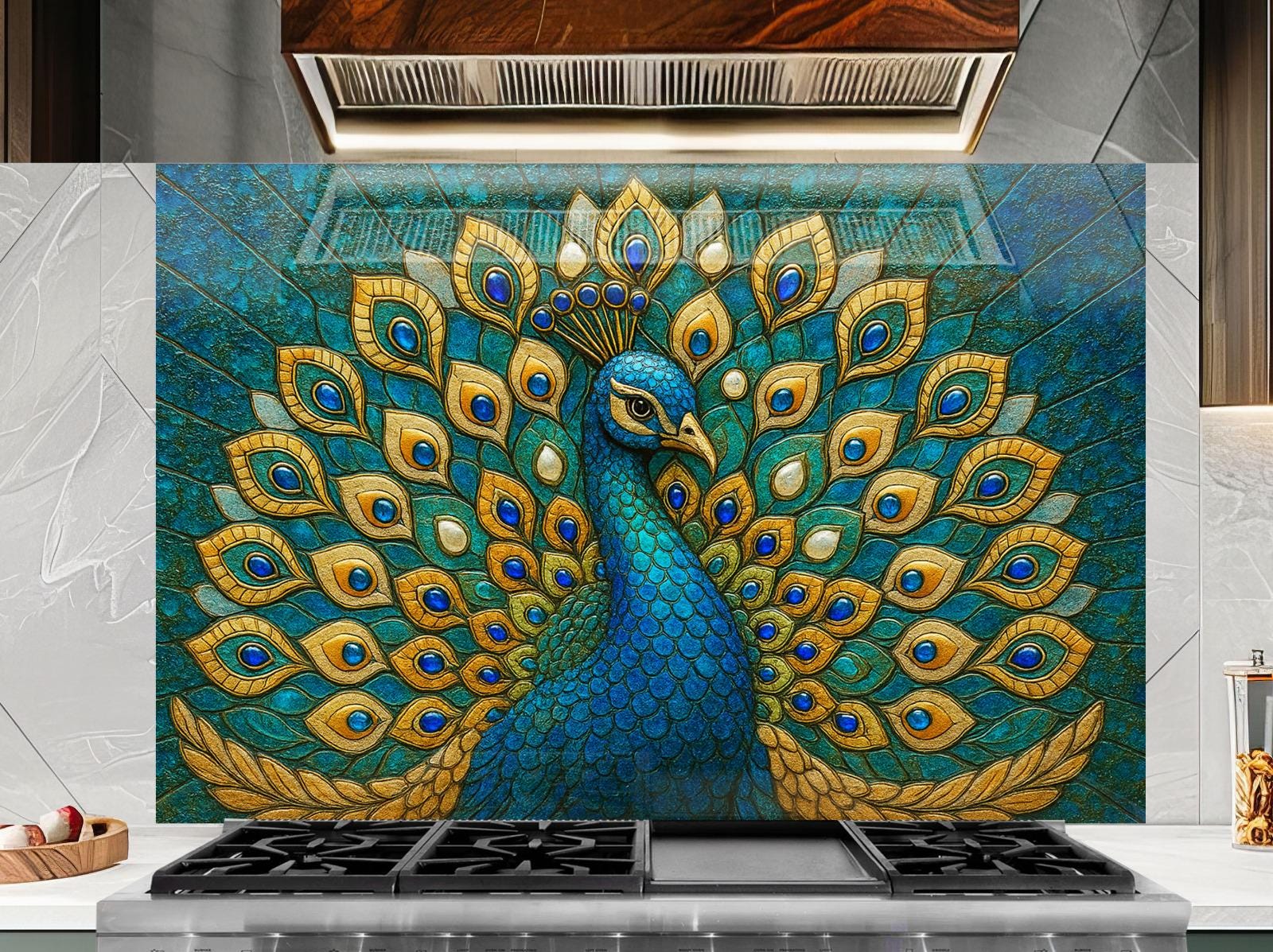 a painting of a peacock on a tile backsplash