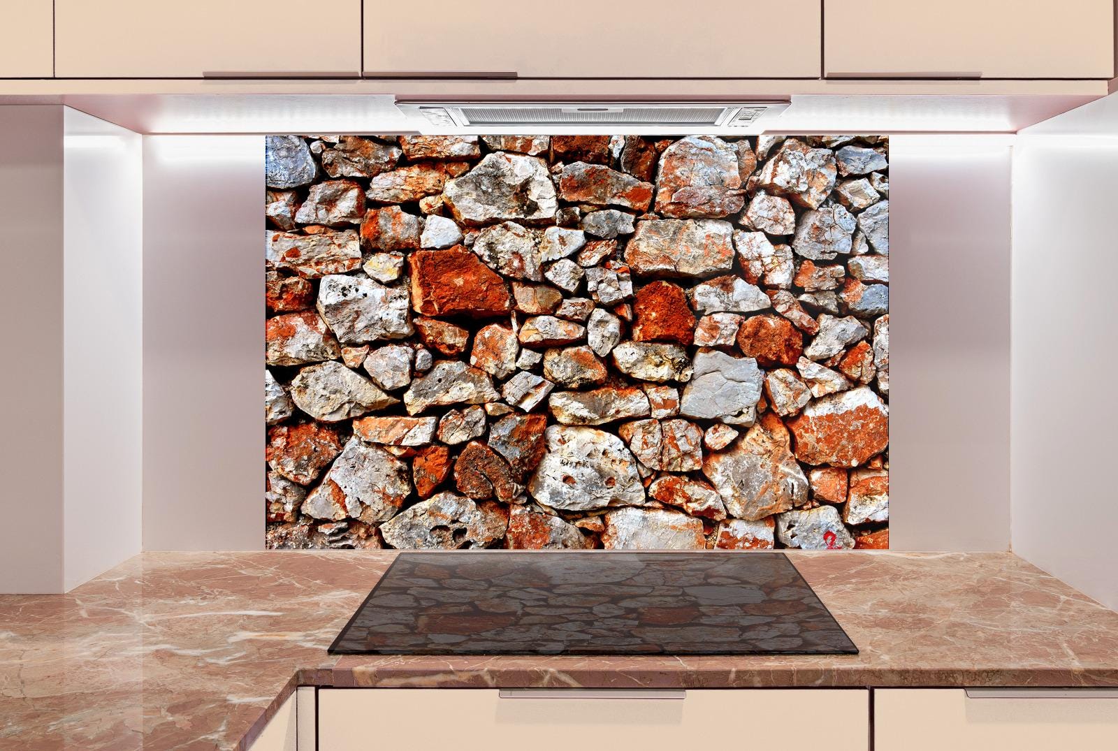 Rustic stone wall pattern printed on glass backsplash.