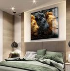 a large, modern bedroom with a bed and a framed artwork of two lions on the wall above it.