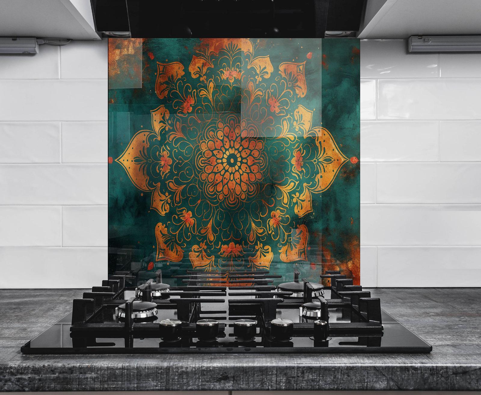 a stove top with a painting on the back of it