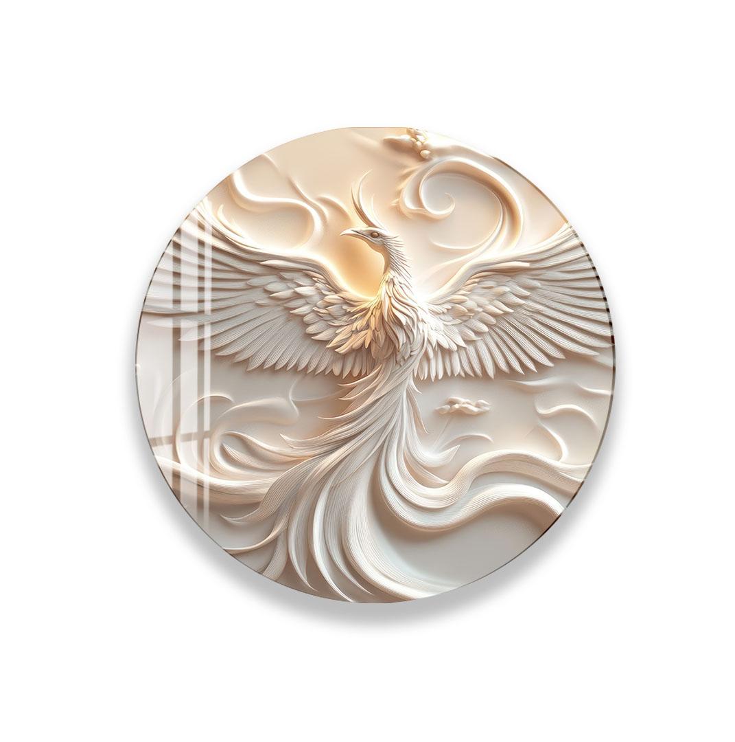 a detailed relief carving of a white bird with outstretched wings, depicted in a circular frame.
