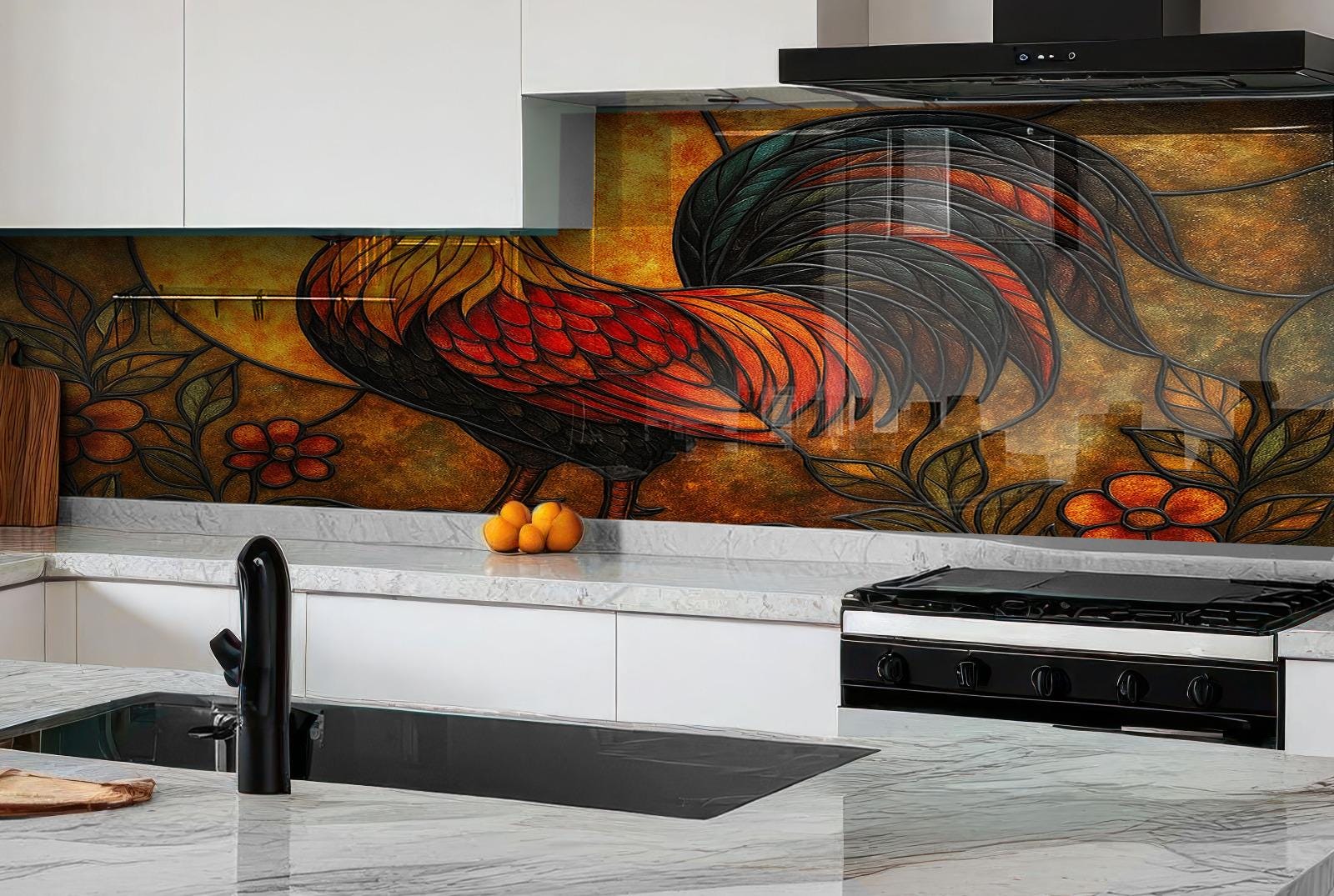 a painting of a rooster on a kitchen backsplash