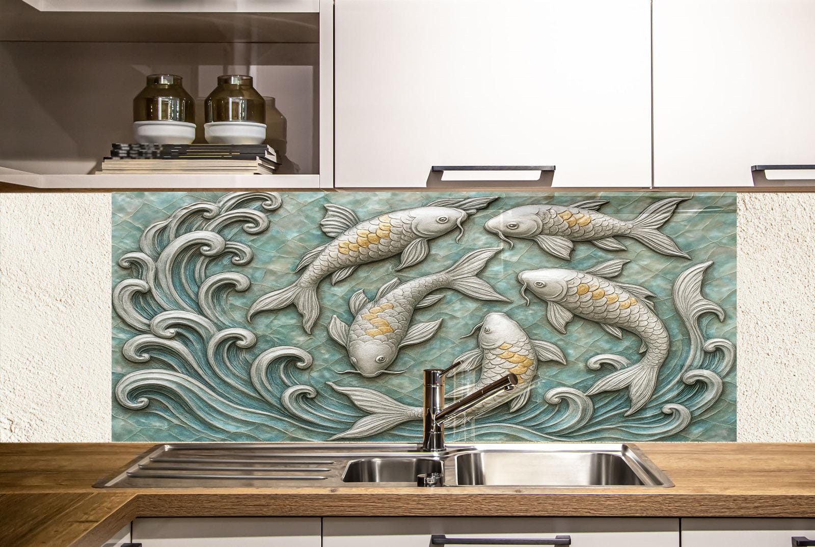 a kitchen with a sink and a tile mural on the wall