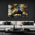 a large, colorful painting of a peacock perched on a rock, surrounded by a lush, natural environment.