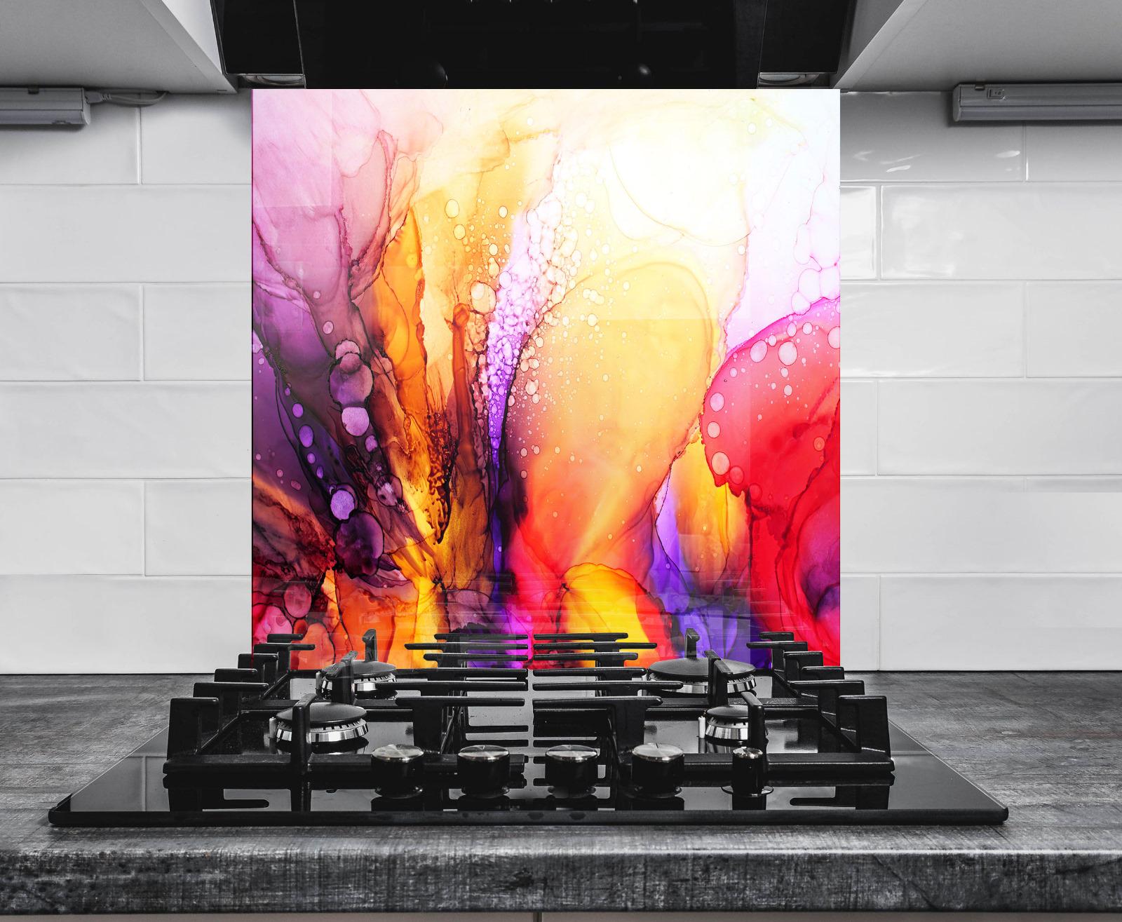 a vibrant abstract painting with a colorful, swirling design of orange, yellow, and purple hues, creating a dynamic and energetic visual effect.