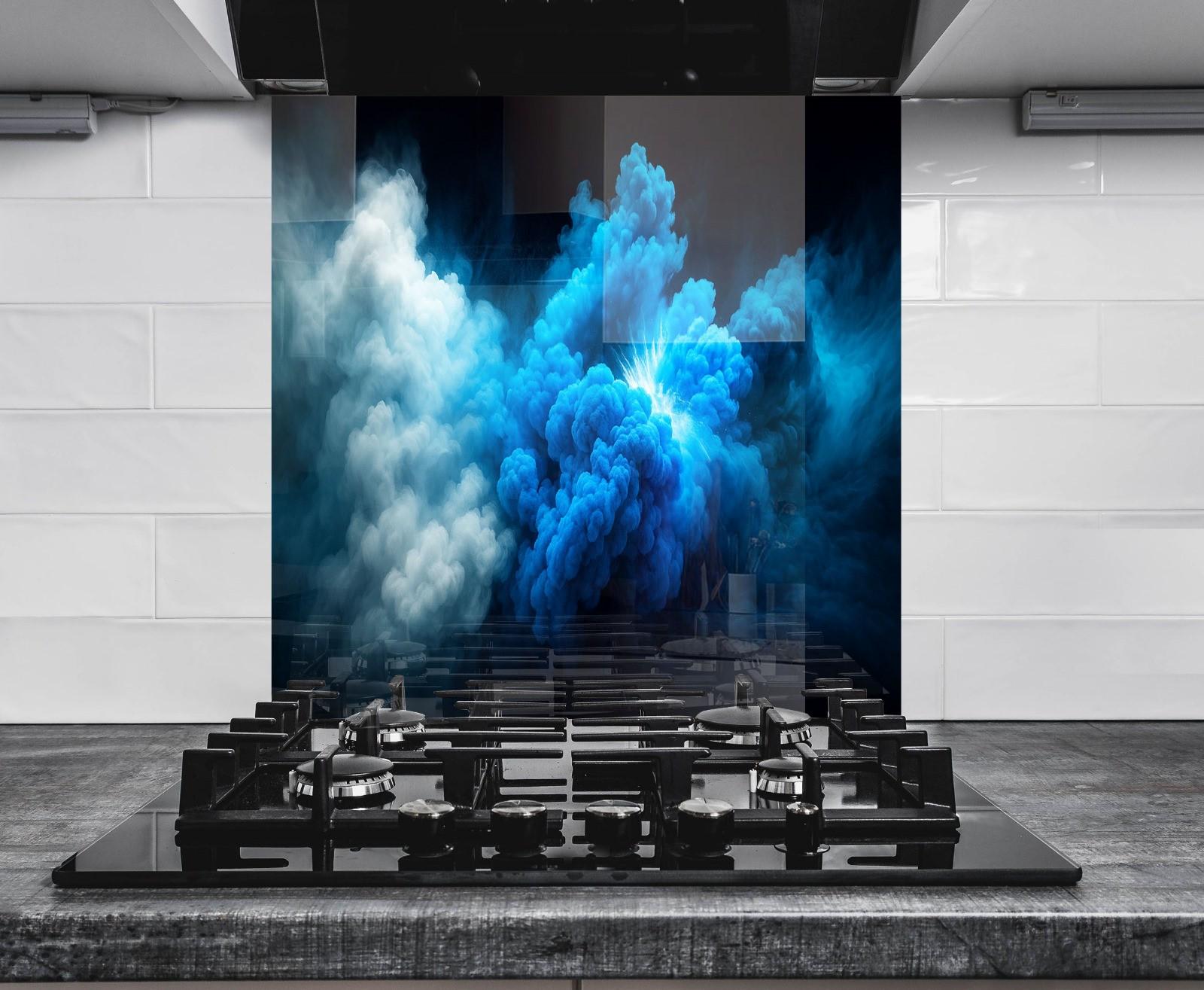 a black and white photo of a blue smoke cloud