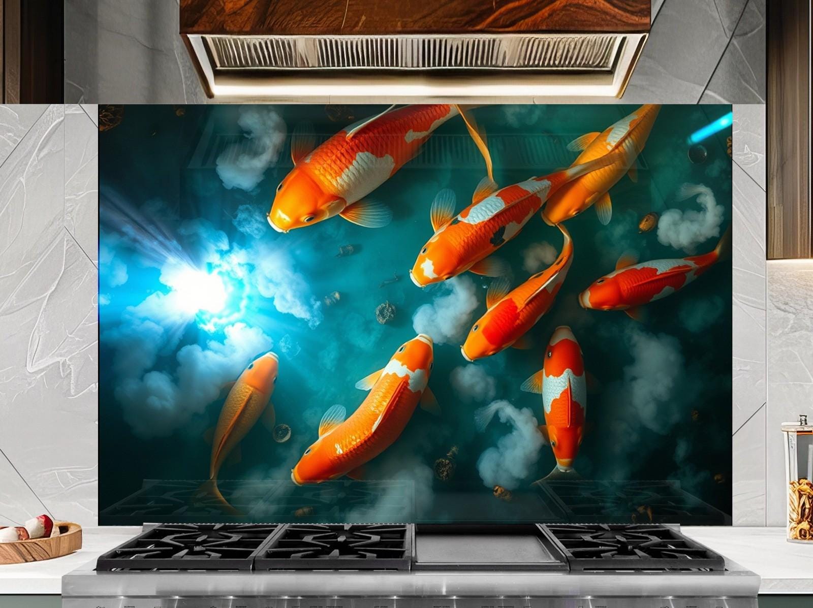 a group of gold fish swimming in a pond