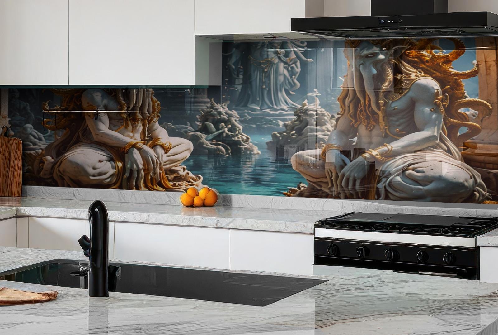 a modern kitchen with a large, colorful mural depicting two figures sitting on a rock formation. The kitchen has white cabinets and a black stove, and there are oranges and a sink visible in the scene.
