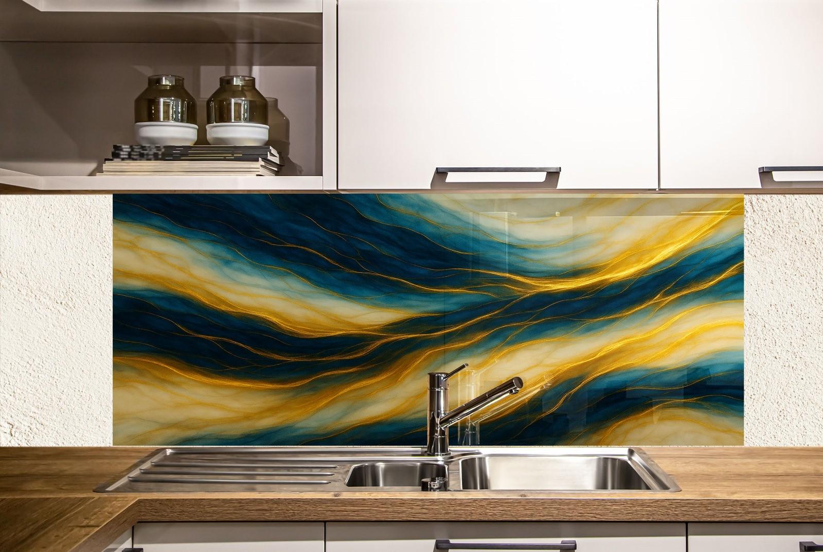 a kitchen with a sink and a painting on the wall