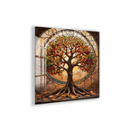 a stained glass window with a tree growing out of it, featuring a vibrant and colorful design.