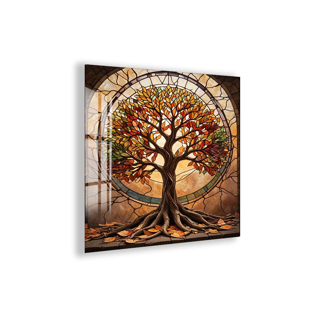 a stained glass window with a tree growing out of it, featuring a vibrant and colorful design.
