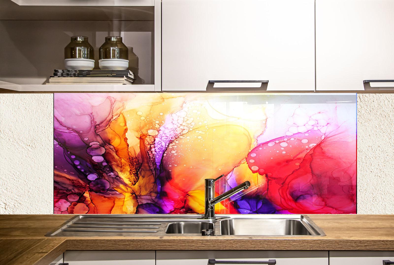 a kitchen with a colorful abstract painting on the wall behind the sink. The painting has vibrant colors and a dynamic, swirling design.