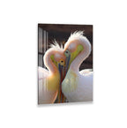 A close-up of two pelicans with their heads almost touching, creating an intimate and affectionate moment between them.