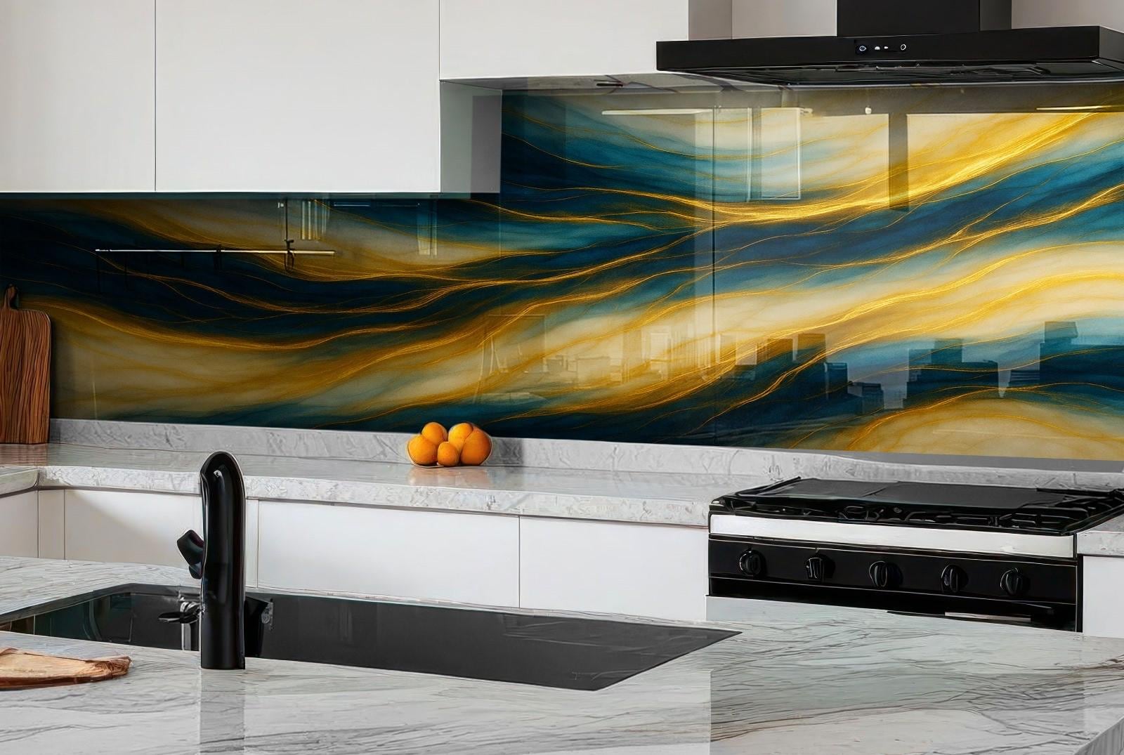 a kitchen with marble counter tops and a marble backsplash