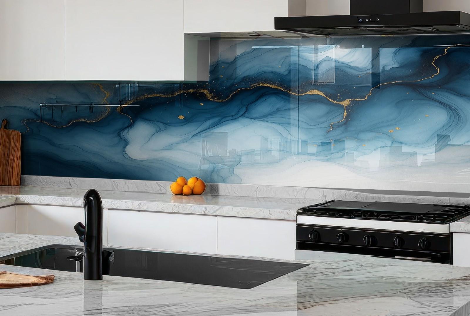 a kitchen with marble counter tops and a marble backsplash