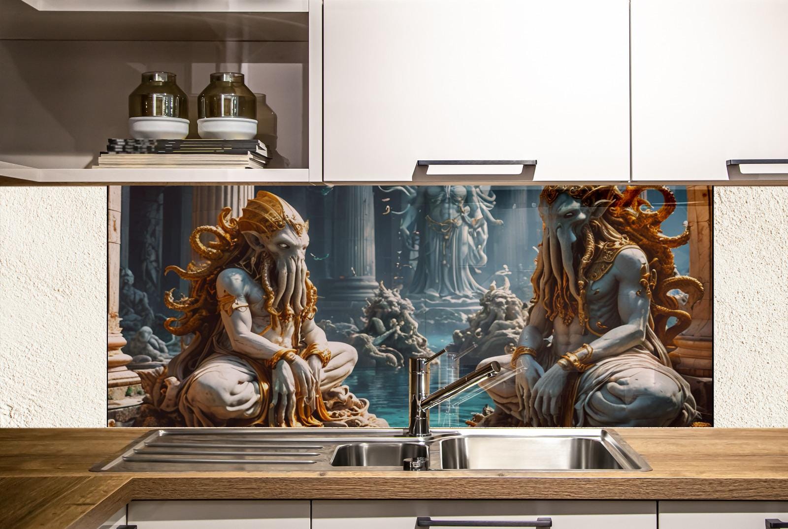 a kitchen with a large, colorful mural depicting two fantastical, golden-colored creatures sitting on a pedestal, with a sink and cabinets in the background.