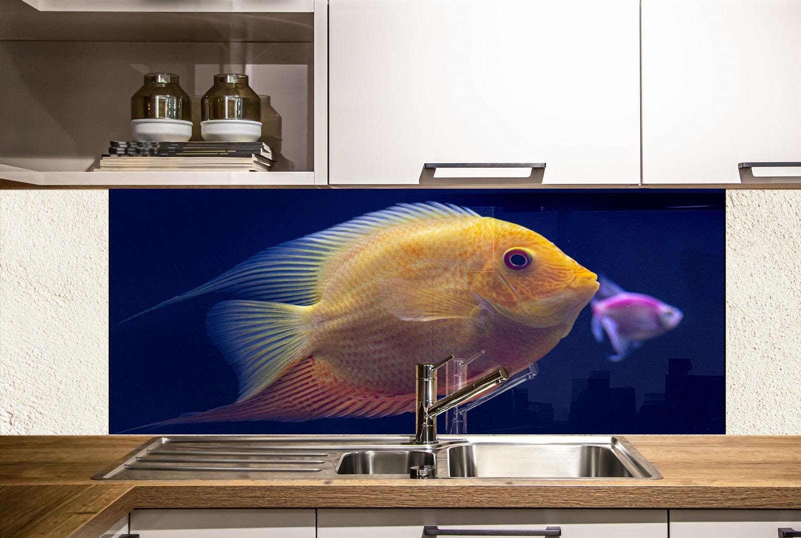 Glass backsplash panel with close-up of golden fish.