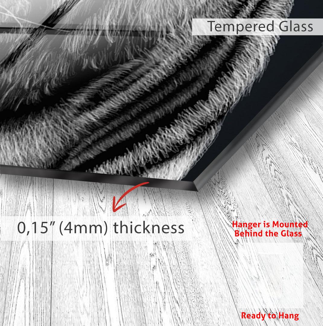 The image is a photograph of a glass surface with a red arrow pointing to the thickness of the glass, which is 0.15" (4mm) thick.